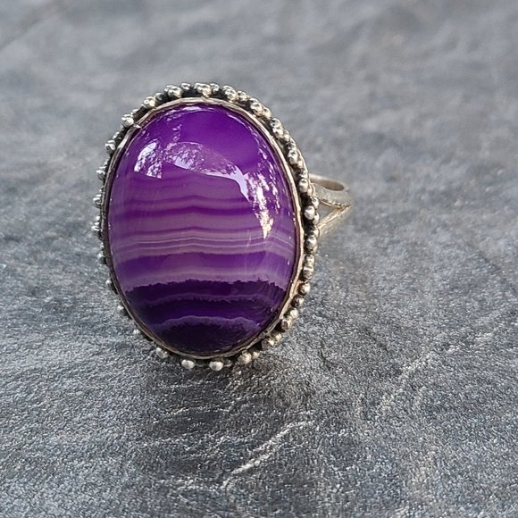 Chunky Purple Agate Sterling Silver Ring Size 9-Fashion Ring - Picture 2 of 4